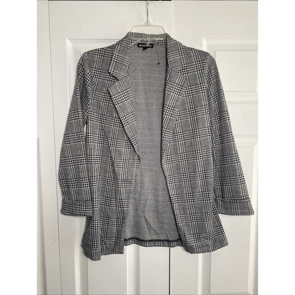Wearever Glen Plaid Knit Blazer Womens Size S Black White Open Front Stretch